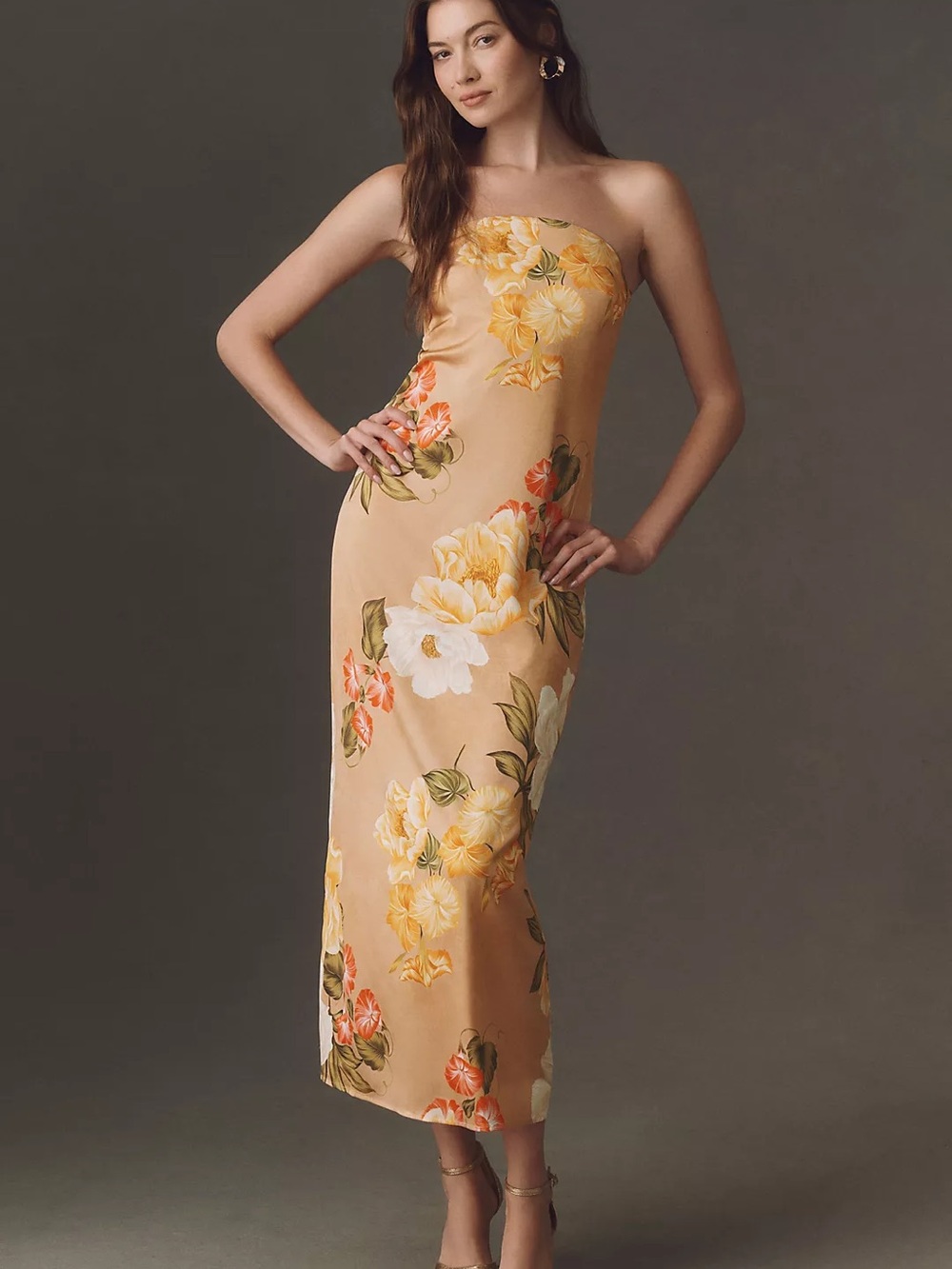 Hutch Strapless Floral Slip Dress in Peach and Yellow